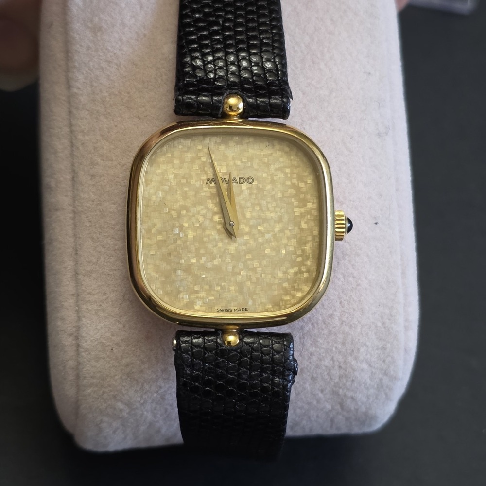 Vintage Movado Swiss Square Gold Watch Genuine Lizard Strap Swiss movement works - Picture 3 of 6